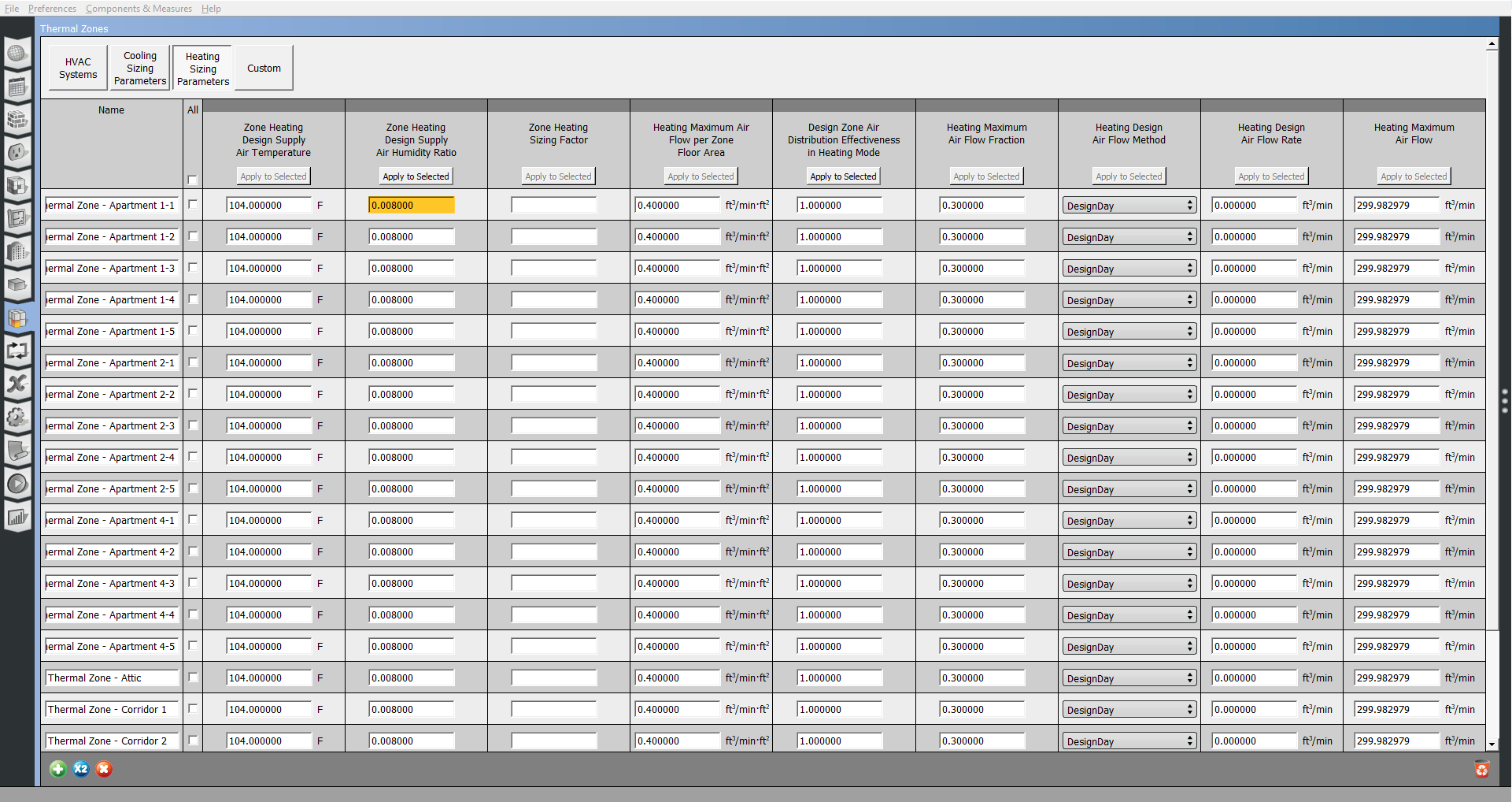 Click to view Thermal Zone Sizing Parameters