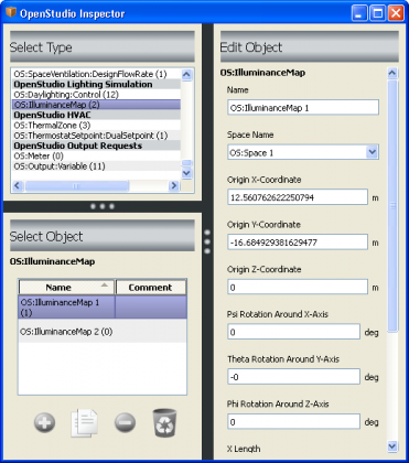 OpenStudio Inspector With an Illuminance Map Object Selected